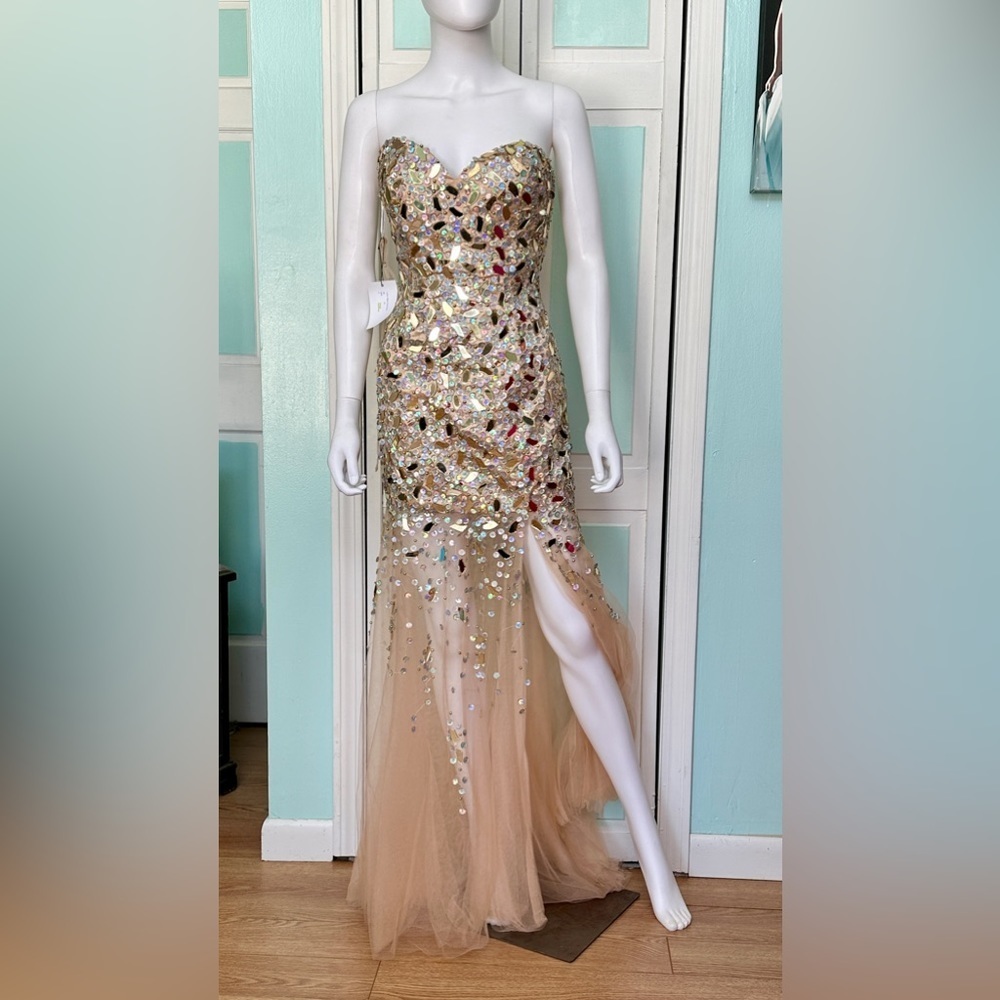Size 8 Gold Broken Glass Dress Gown Slit Prom Pageant Homecoming Hoco Cruise